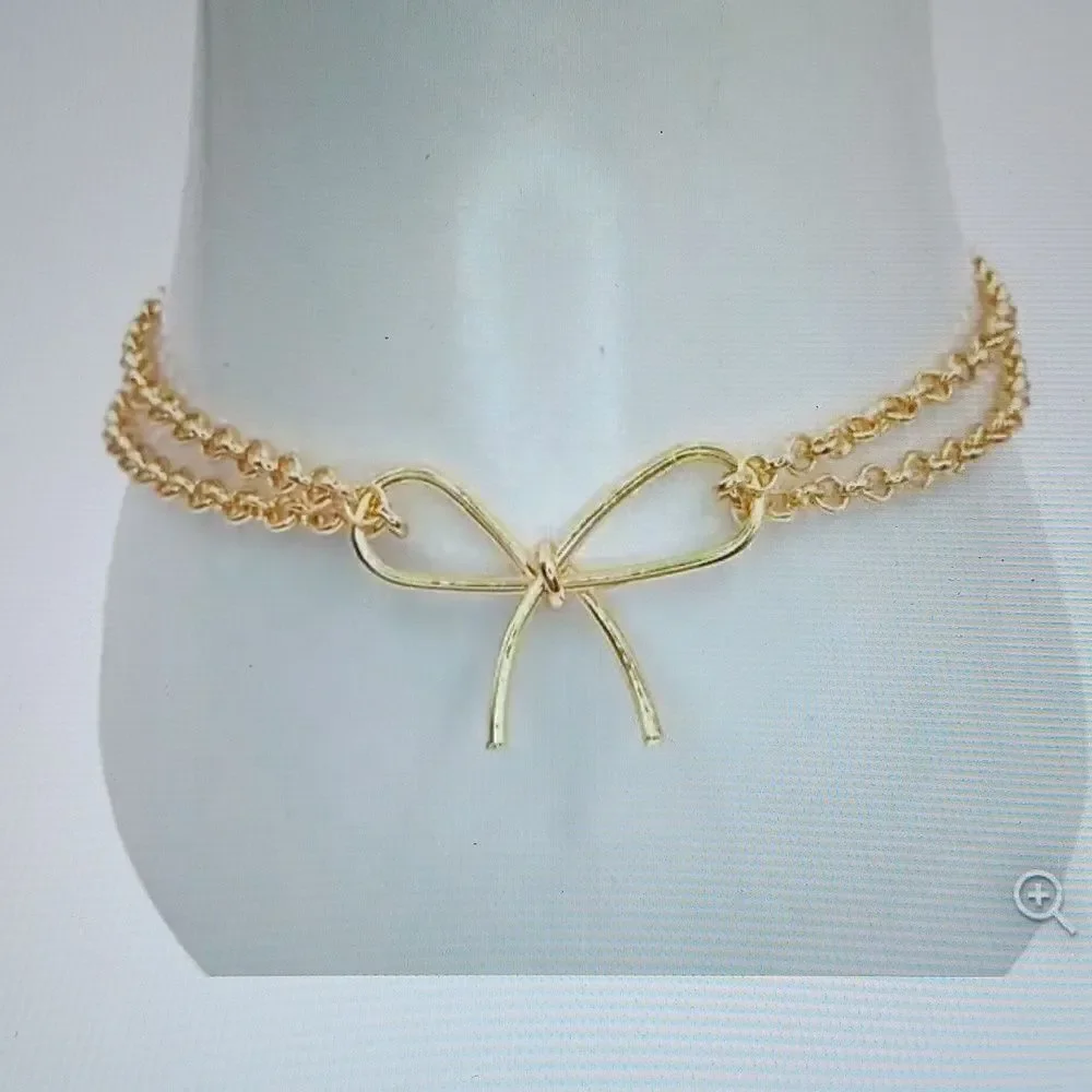 New Double Strand Bow‎ Tie Charm Bracelet Goldtone Women's